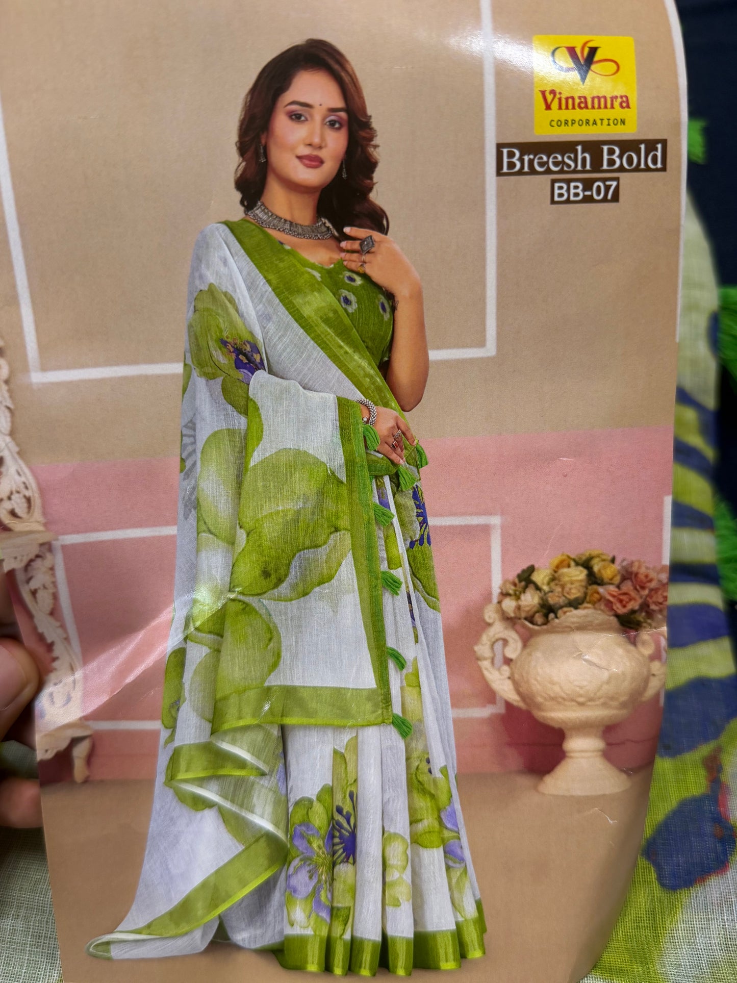 White & Green Digital Printed Linen Sari Indian casual Saree C5
