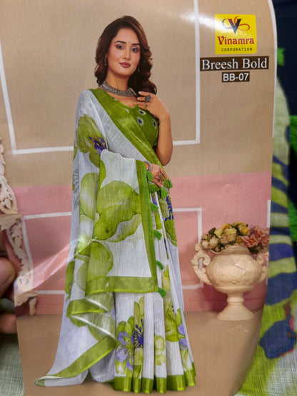 White & Green Digital Printed Linen Sari Indian casual Saree C5