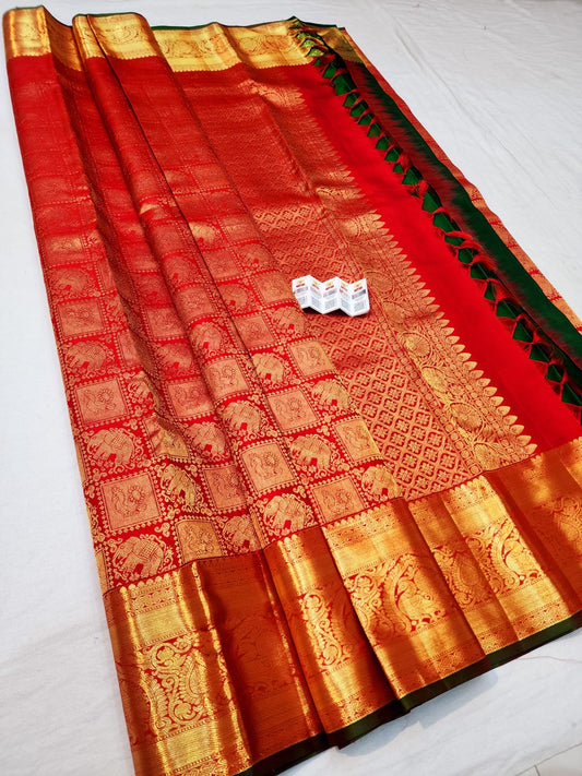 Kanchipuram Pure Silk Saree Bridal Red Green Kanjivaram Sari SPK265