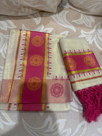 Kerala Multi Set Mundu Vishu Sari Indian hand Printed Kasavu Onam Saree C53