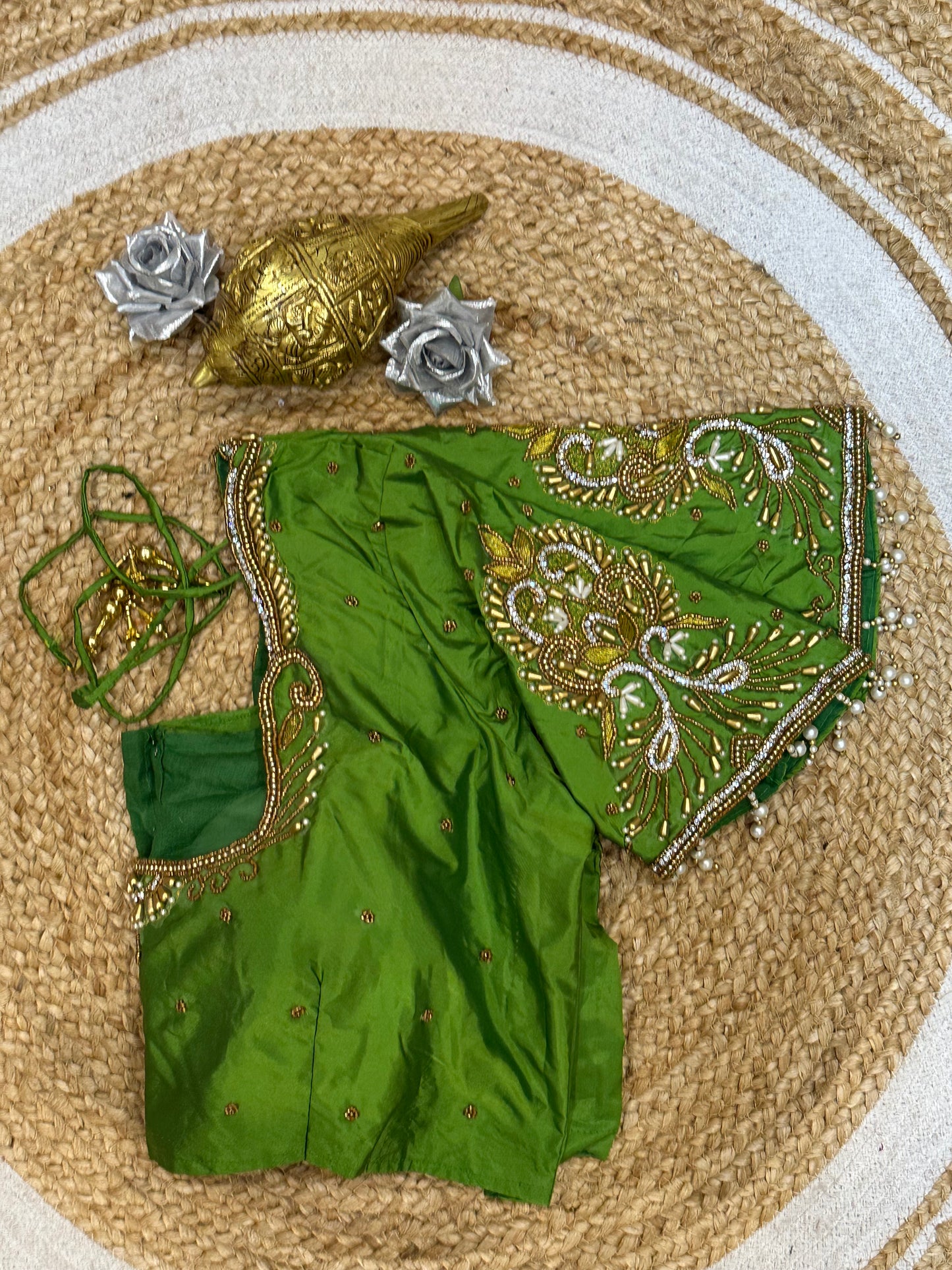 44” Size 14 Aari Worked Sari Blouse Indian Saree Top Silk Green B138