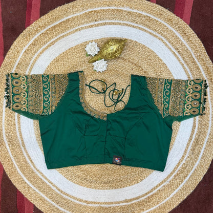 46” Size 16 Aari Worked Sari Blouse Indian Saree Top Silk Bottle Green B219