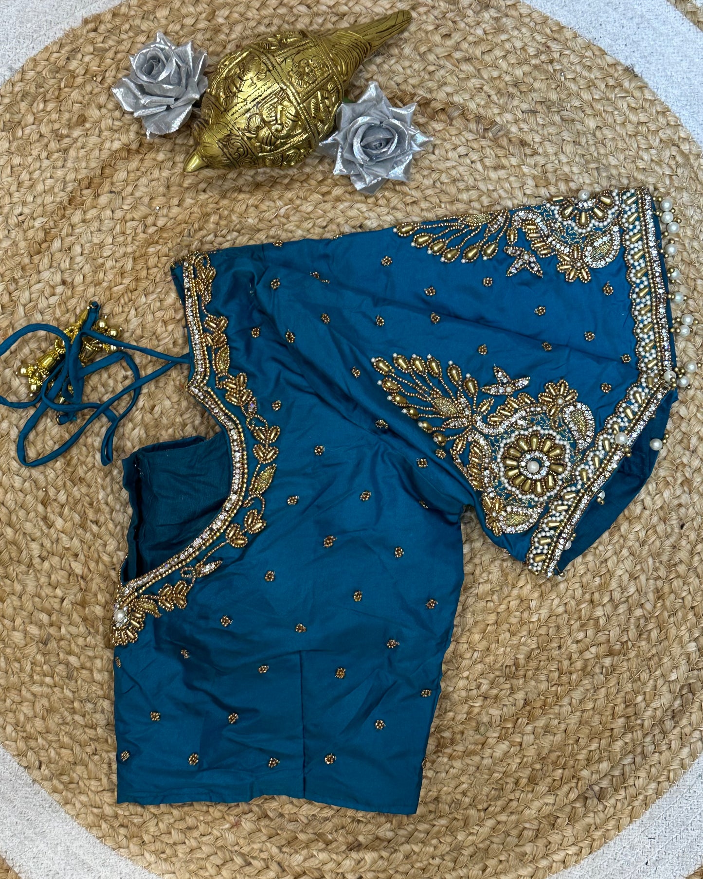 38” M Size 8 Aari Worked Sari Blouse Indian Saree Top Blue B179