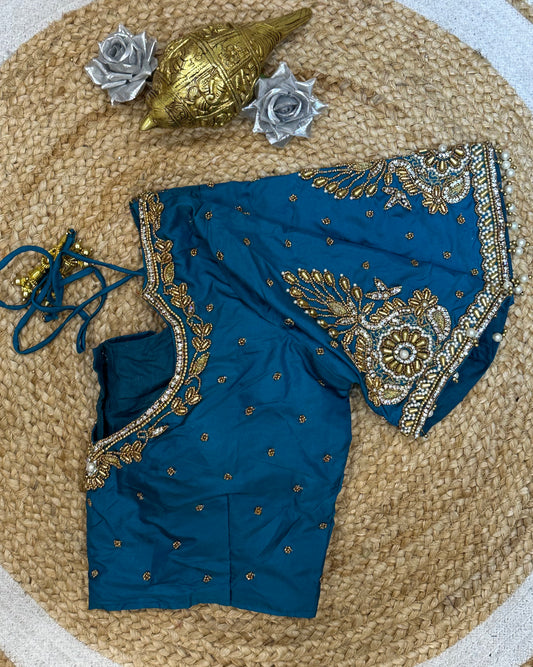 38” M Size 8 Aari Worked Sari Blouse Indian Saree Top Blue B179