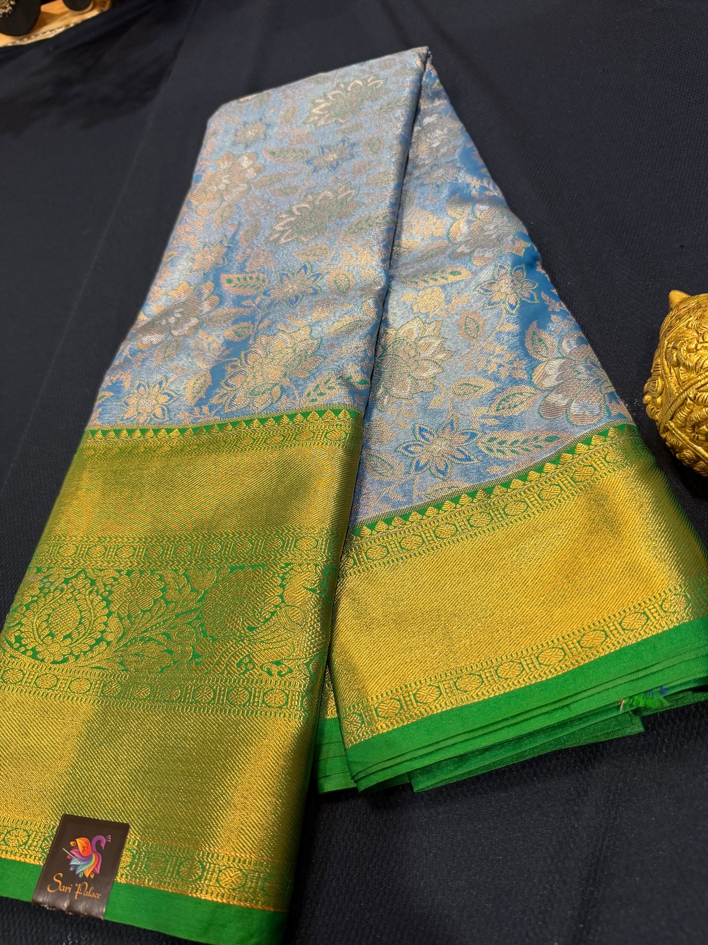 Semi Silk Indian Bridal Tissue Kanjivaram / Kanchipuram Sari Blue Saree SEMI1