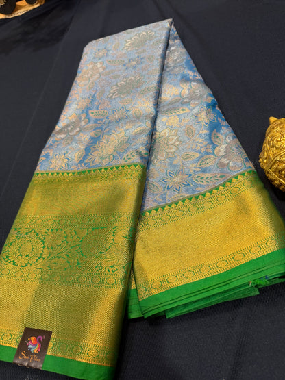 Semi Silk Indian Bridal Tissue Kanjivaram / Kanchipuram Sari Blue Saree SEMI1