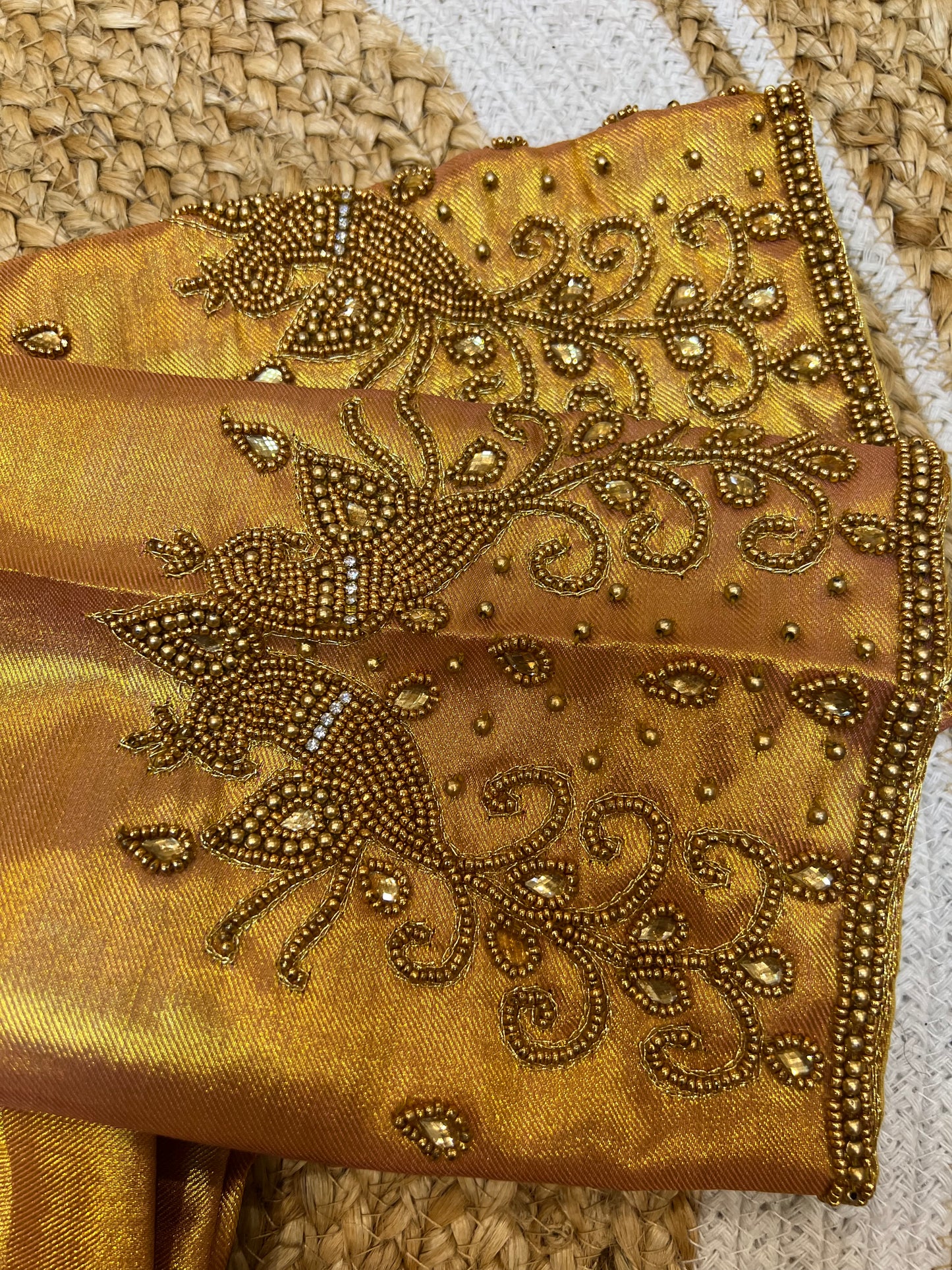 40” Aari hand Worked Sari Blouse Indian Top Choli Silk Gold B45
