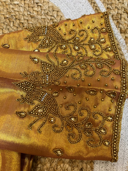40” Aari hand Worked Sari Blouse Indian Top Choli Silk Gold B45
