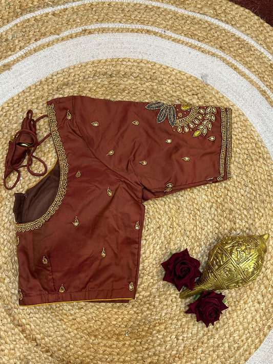 36” Small size Aari Worked Sari Blouse Indian Saree Maroon Brown B204