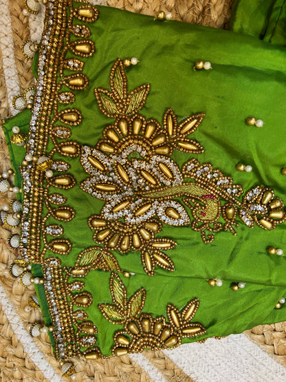 40” Aari hand Worked Sari Blouse Indian Top Choli Silk Green B44