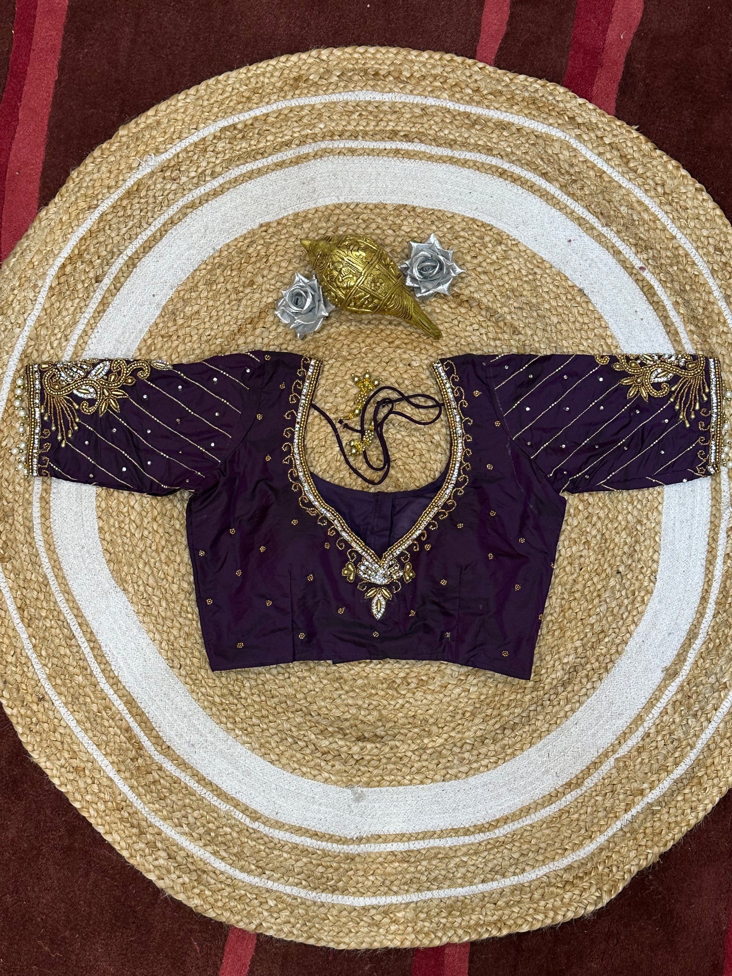 34” XSmall Aari Worked Sari Blouse Indian Saree Top Silk Purple Wine B116