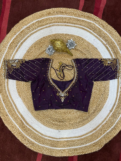 34” XSmall Aari Worked Sari Blouse Indian Saree Top Silk Purple Wine B116