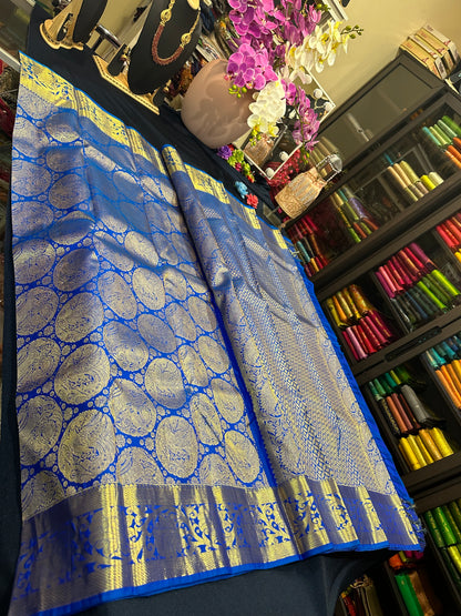 Kanchipuram Bridal Pure Silk Saree with Gold Zari Blue & Gold Sari| SPK084