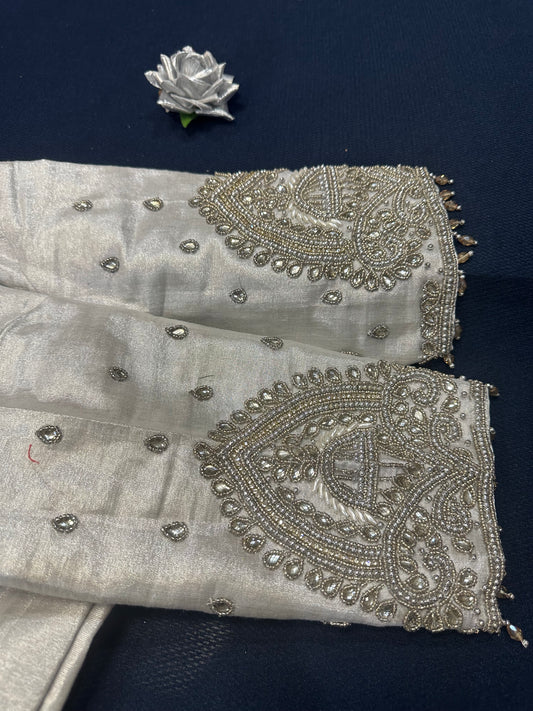 40” Aari hand Worked Sari Blouse Indian Top Choli Silk Silver B23