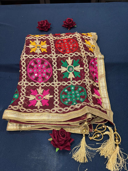Maroon heavily embroidered Phulkari dupatta with mirror work D1