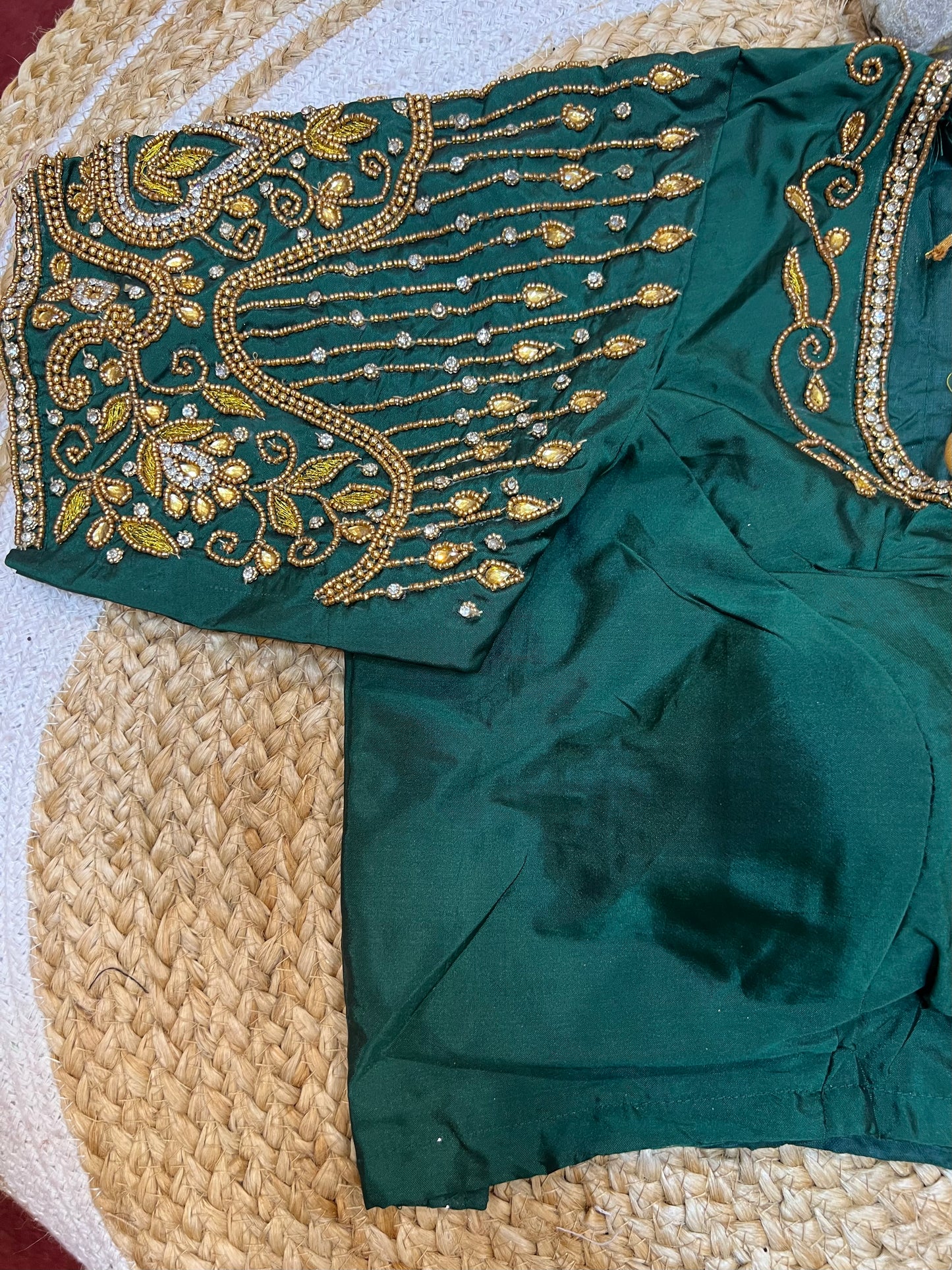 40” Aari hand Worked Sari Blouse Indian Top Choli Silk Green B25