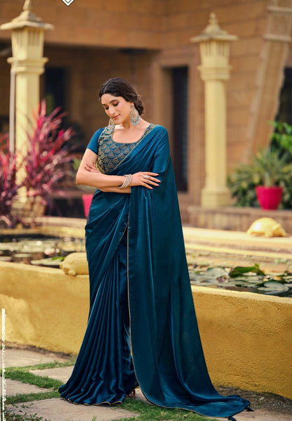 Blue Indian Fancy Party wear Saree Fendi Silk Bollywood Sari C24