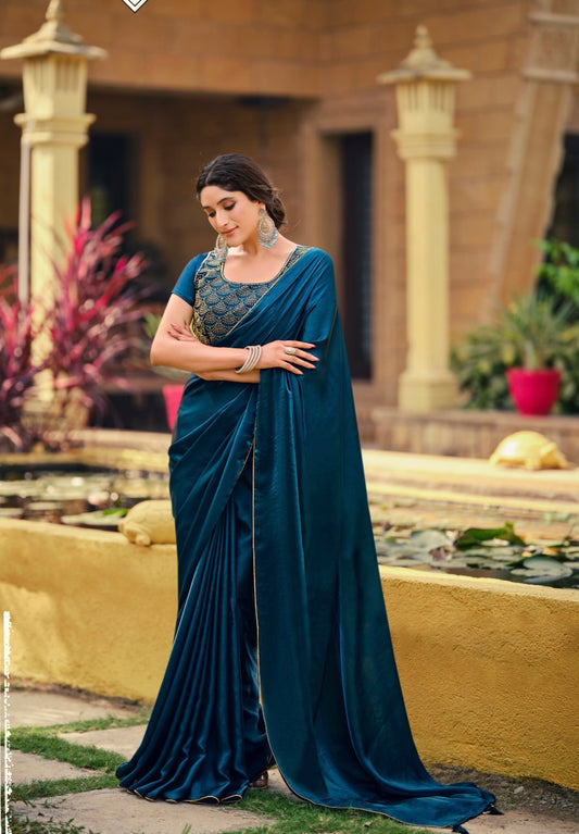 Blue Indian Fancy Party wear Saree Fendi Silk Bollywood Sari C24