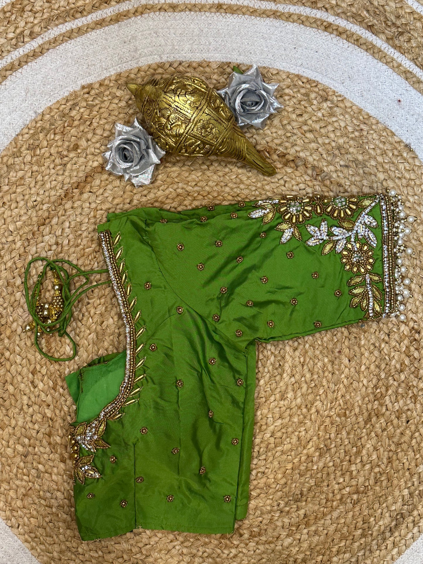 34” XSmall Aari Worked Sari Blouse Indian Saree Top Silk Apple Green B124