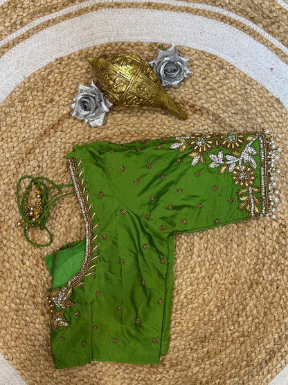 34” XSmall Aari Worked Sari Blouse Indian Saree Top Silk Apple Green B124