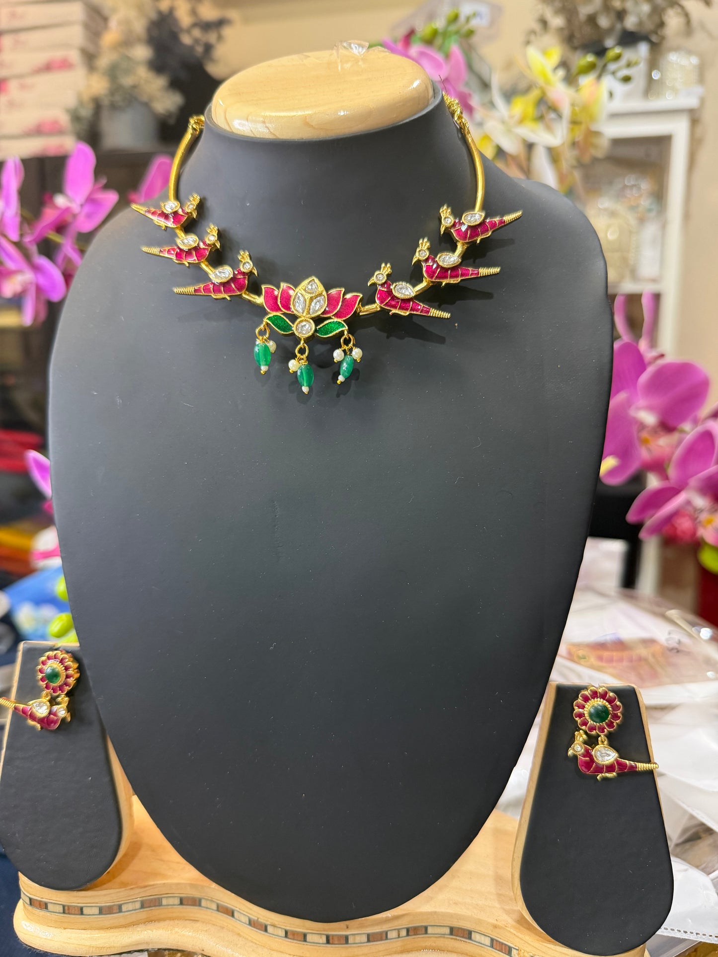 Indian Brass Necklace & Earrings Jewellery Set Lotus and Birds N61