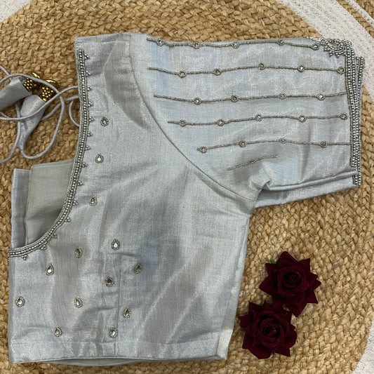 46” Size 16 Aari Worked Sari Blouse Indian Saree Top Silk Silver B413