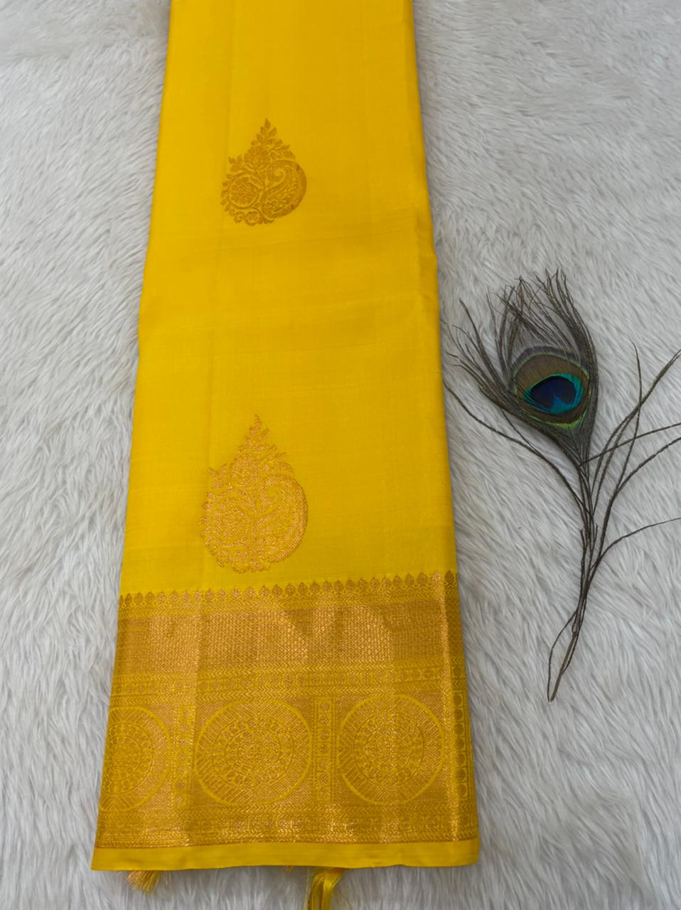 Kanchipuram Pure Silk Saree Yellow with Copper Kanjivaram Sari| SPK