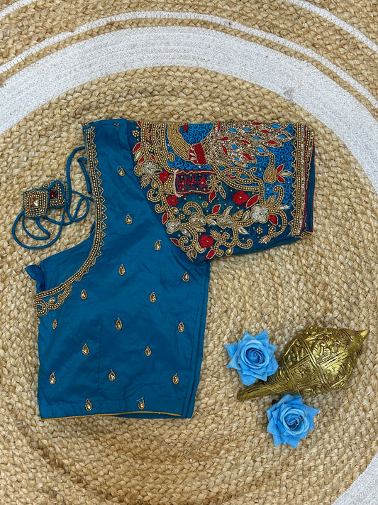 36” Small size Aari Worked Sari Blouse Indian Saree Blue Top B199
