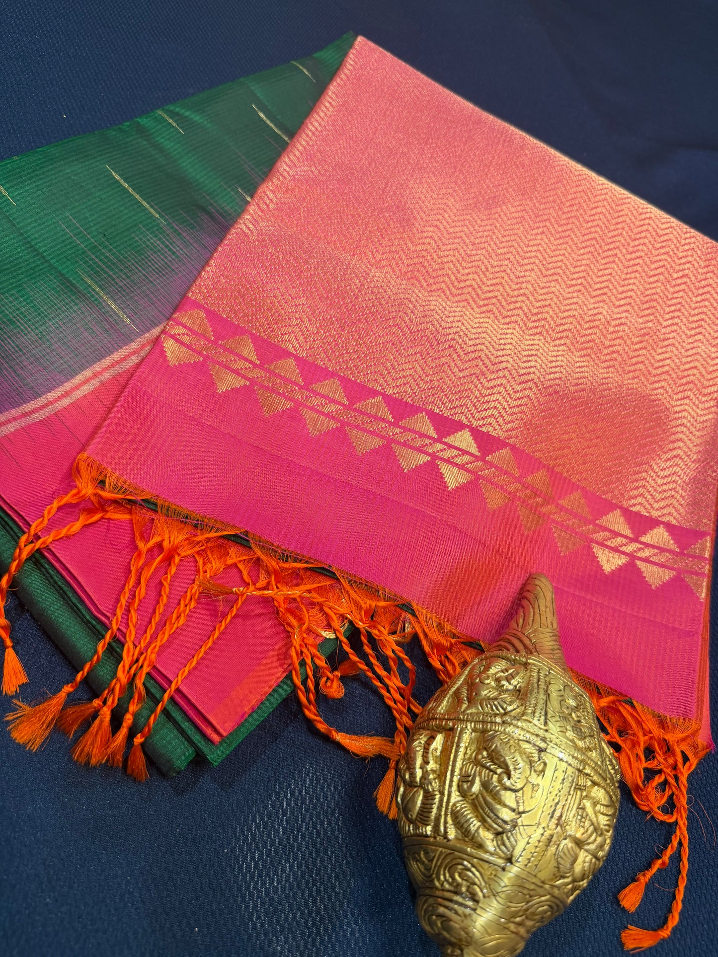 Kanchipuram Soft Silk Saree Pure Silk Sari Green Orange Colour | SS2