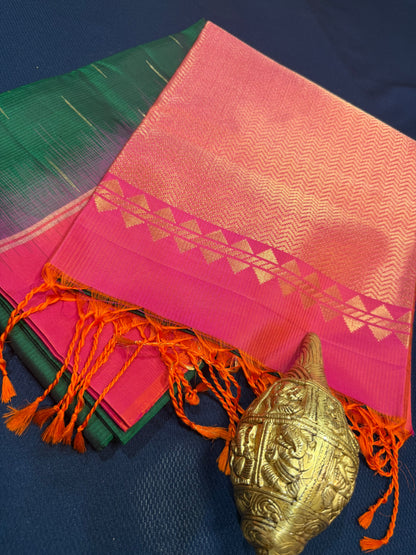 Kanchipuram Soft Silk Saree Pure Silk Sari Green Orange Colour | SS2