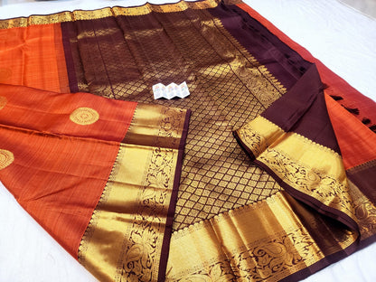 Kanchipuram Pure Silk Saree Bridal Rusty Orange Kanjivaram Sari SPK288