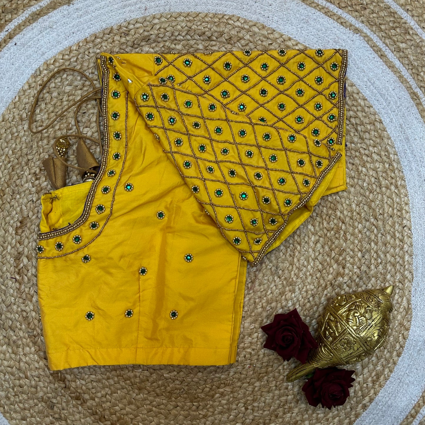 44” Size 14 Aari Worked Sari Blouse Indian Saree Top Silk Yellow B255