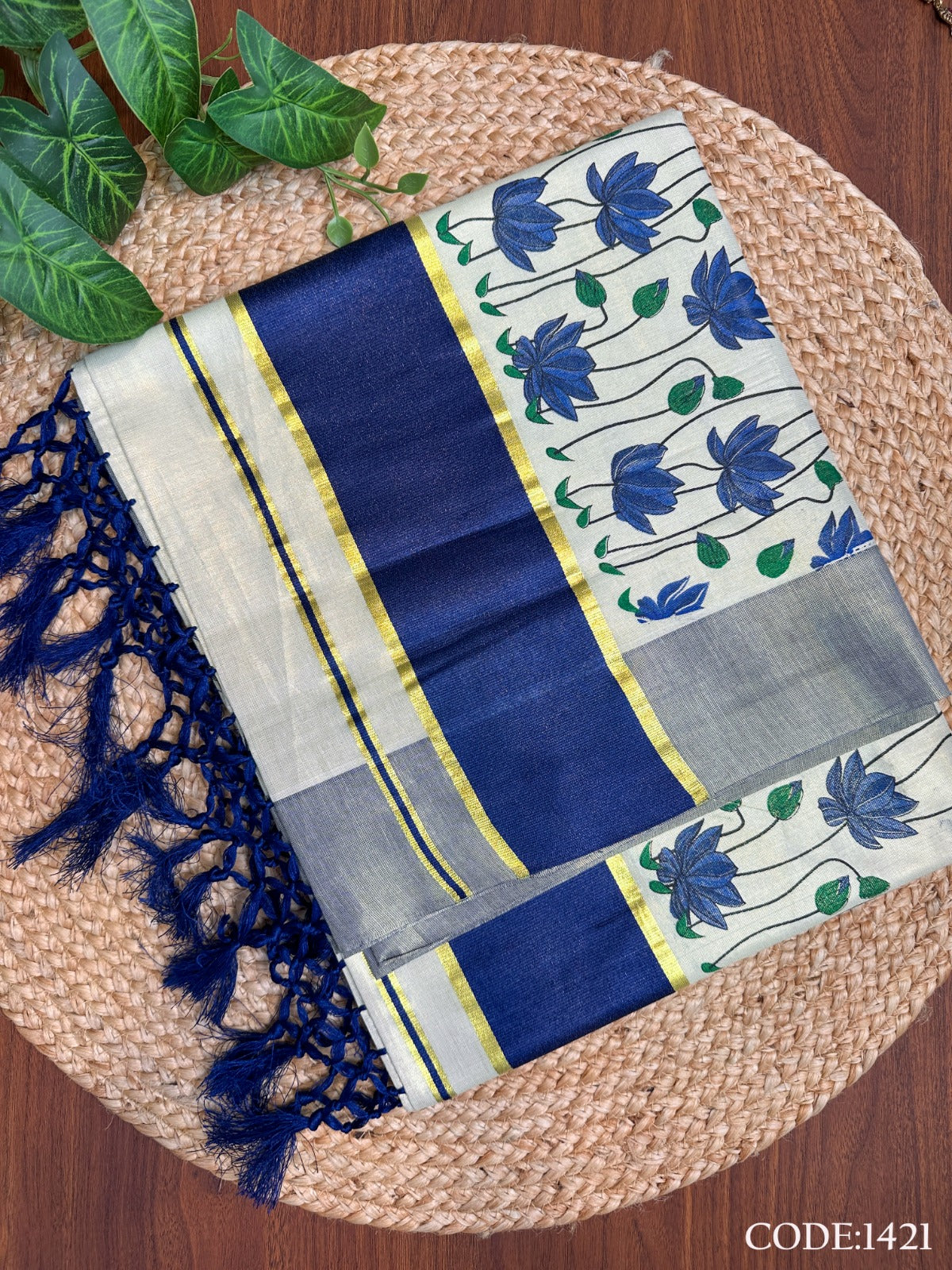 Mehendi Green Lotus Kerala Vishu Sari Indian Onam Tissue hand Painted Saree C10