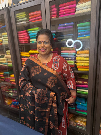 Silk Cotton Linen Sari Indian Saree Copper Jari Green S131