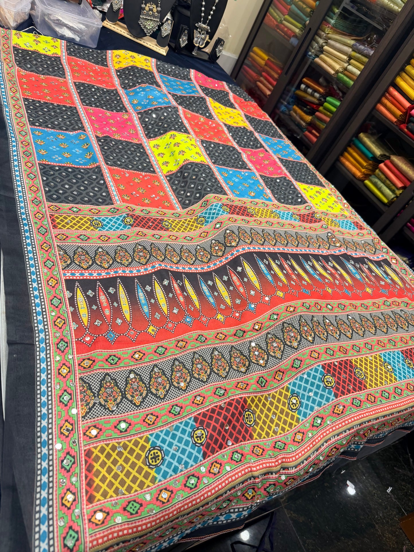 Multi coloured Mirror Worked Masakali Sari Indian Fancy Saree C3