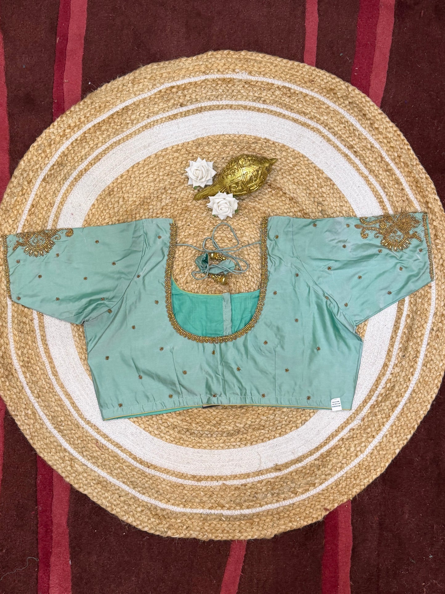 46” Size 16 Aari Worked Sari Blouse Indian Saree Top Silk Sea Green B227