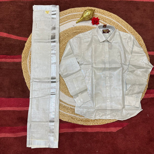 Men’s South Indian Vesti Shirt Combo Silver Tissue Dhotti V7