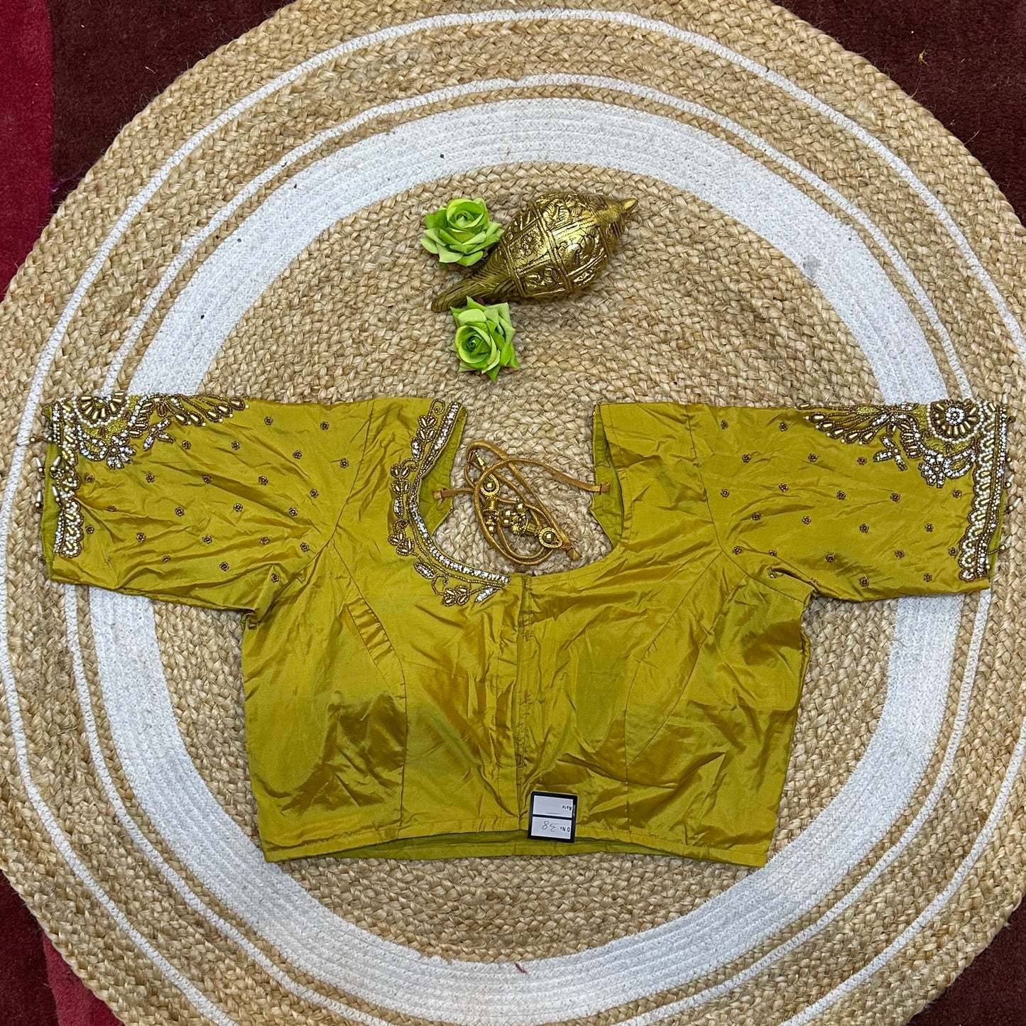 38” M Size 8 Aari Worked Sari Blouse Indian Saree Mehendi Green B310