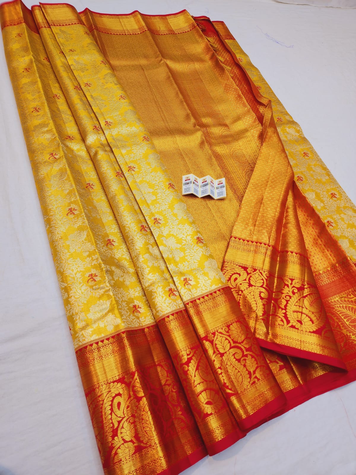 Tissue Bridal Kanchipuram Pure Silk Saree Yellow & Maroon Kanjivaram Sari| SPK113