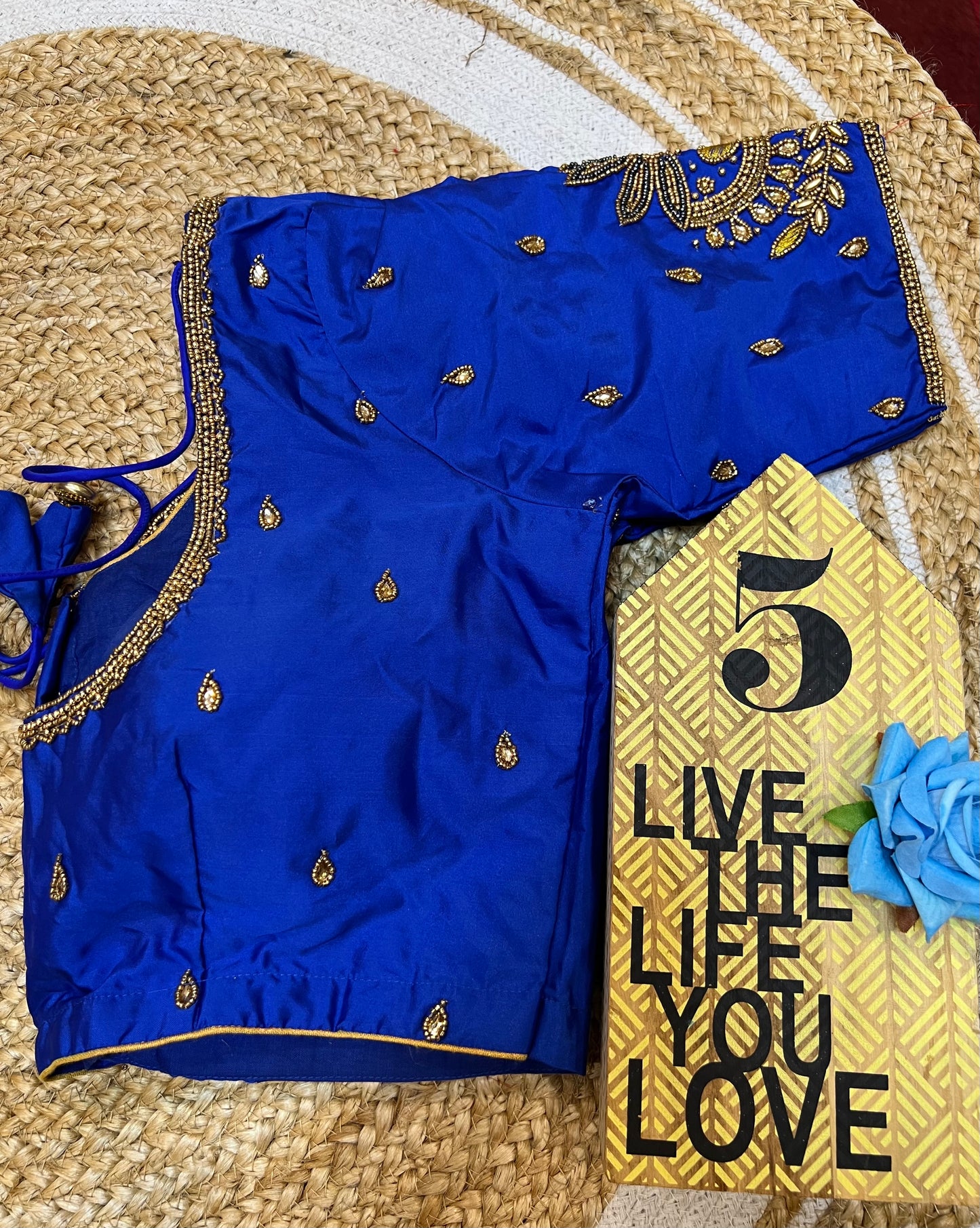 40” Aari hand Worked Sari Blouse Indian Top Choli Silk Royal Blue B34