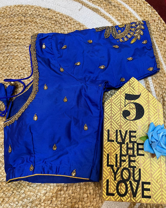 40” Aari hand Worked Sari Blouse Indian Top Choli Silk Royal Blue B34