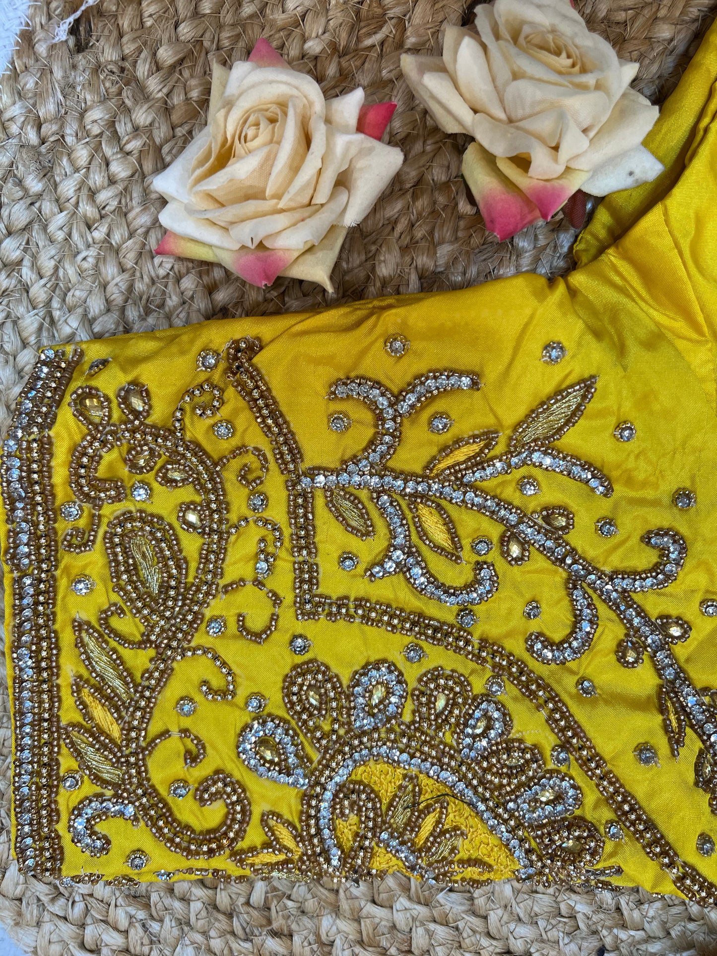 40” Aari hand Worked Sari Blouse Indian Top Choli Silk Yellow B24