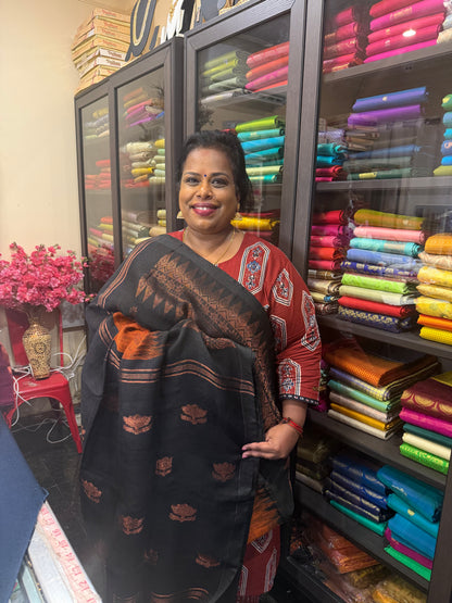 Silk Cotton Linen Sari Indian Saree Copper Jari Green Black S128