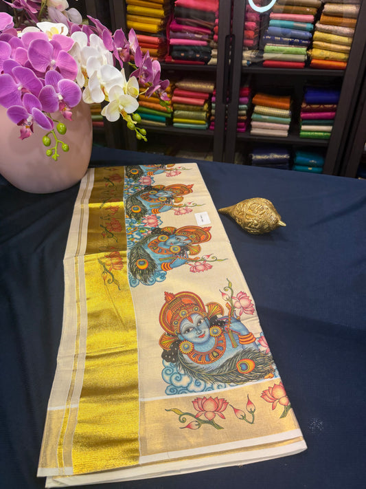 Kerala Vishu Sari Indian Cream Tissue hand Printed Saree C7 - 1