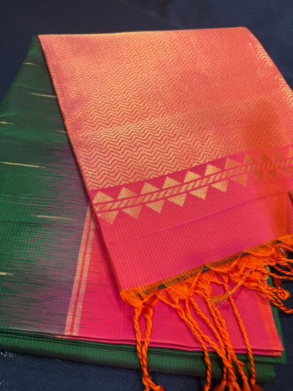 Kanchipuram Soft Silk Saree Pure Silk Sari Green Orange Colour | SS2