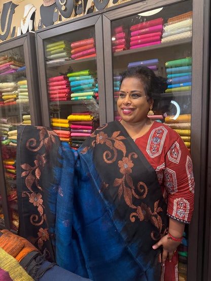 Silk Cotton Linen Sari Indian Saree Copper Jari Magenta Blue Black S124