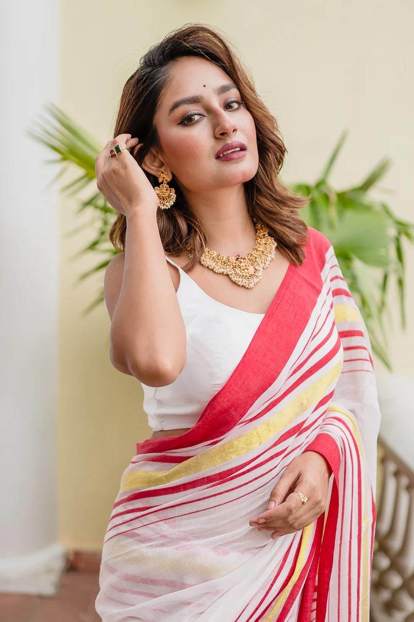MUL Cotton Sari Indian casual Saree Red White Gold C27