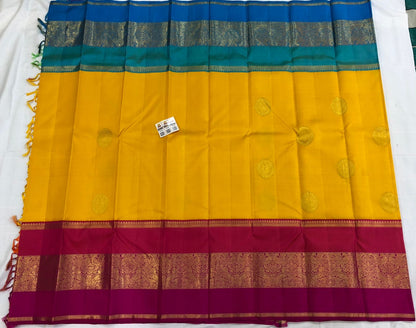 Kanchipuram Pure Silk Saree Yellow Pink Blue Kanjivaram Sari| SPK201
