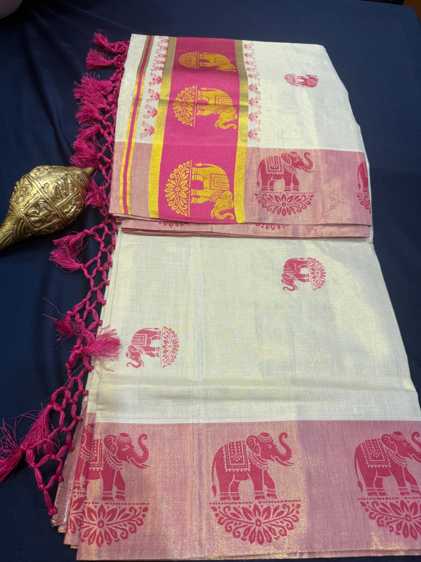 Pink Elephant Kerala Vishu Sari Indian Cream Tissue Saree C7