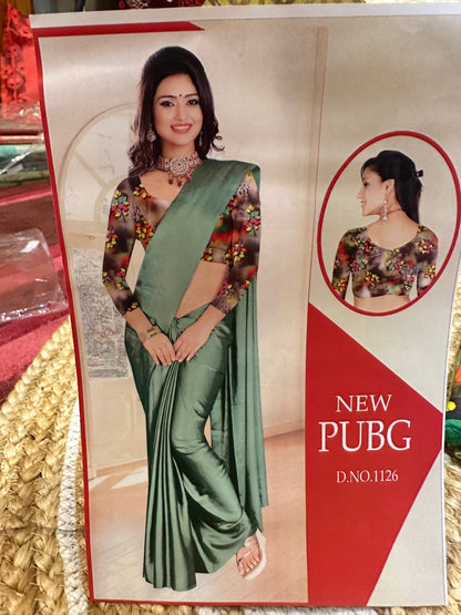 Fancy Party wear Satin Sari Indian Casual Pista Green Saree S99